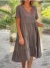 2023 Europeu e americano verão novo feminino fresco doce decote em V cor sólida grande swing casual saia vestido
