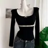 5192 # Camiseta de Encaje Cuadrado de Manga Larga Dulce y Picante para Mujer Aspecto Adelgazante con Copas Camiseta Básica Cepillada de Cachemira