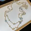Colar Camadas de Cristal com Contas Redondas, Pedra Olho de Gato Pérola Estilo Francês, Gargantilha Estilo Palaciano, Corrente de Suéter de Luxo Leve de Alta Qualidade