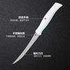 Cuchillo para tomates dentado con mango blanco, acero inoxidable 420, machete para cortar frutas, mango de polipropileno, suministro directo de fábrica para cocina doméstica.