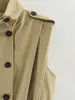 Atacado transfronteiriço de moda feminina de outono: Colete versátil, estilo francês, com gola alta, de abotoamento duplo e sem mangas, com detalhes plissados.