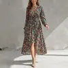 Comercio exterior transfronterizo europeo y americano ropa de mujer 2026 otoño nueva moda vestido elegante estampado con mangas de farol y cinturón