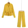 Exportação Transfronteiriça Atacado de Zr Moda Feminina Estilo Europeu e Americano 2025 Nova Camisa de Lapela de Manga Longa Calça Casual de Perna Larga