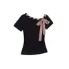 HeyHenry Camiseta Retro Americana de Manga Corta con Lazo en un Hombro para Mujer Verano Sentido del Diseño Chica Picante Nicho Ajustada Top