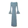 Vestido de Punto de Manga Acampanada con Cuello en V Estilo Europeo y Americano para Mujer, Vestido Largo Retro Simple Ajustado al Cuerpo con Lazo