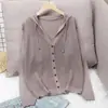 Jaqueta Cardigan de Tricô com Capuz Estilo Coreano Novo para Primavera e Verão, Modelagem Solta com Ombro Caído para Mulheres, Peça Externa Fina de Seda de Gelo com Proteção Solar