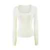 Suéter de cor sólida slim fit único estilo francês, blusa base de tricô para mulheres, top da moda para outono e inverno com decote em U mostrando a clavícula