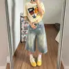 Shorts jeans retro com estampa de estrelas para mulheres, calças cropped finas de verão largas e soltas para baixinhas, calças retas de comprimento médio
