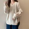 Suéter de Gola V Macio e Fresco, Textura Aveludada, Cor Sólida, Outono e Inverno, Novo Estilo Preguiçoso, Peça Externa Solta, Top de Tricô de Manga Longa para Mulheres