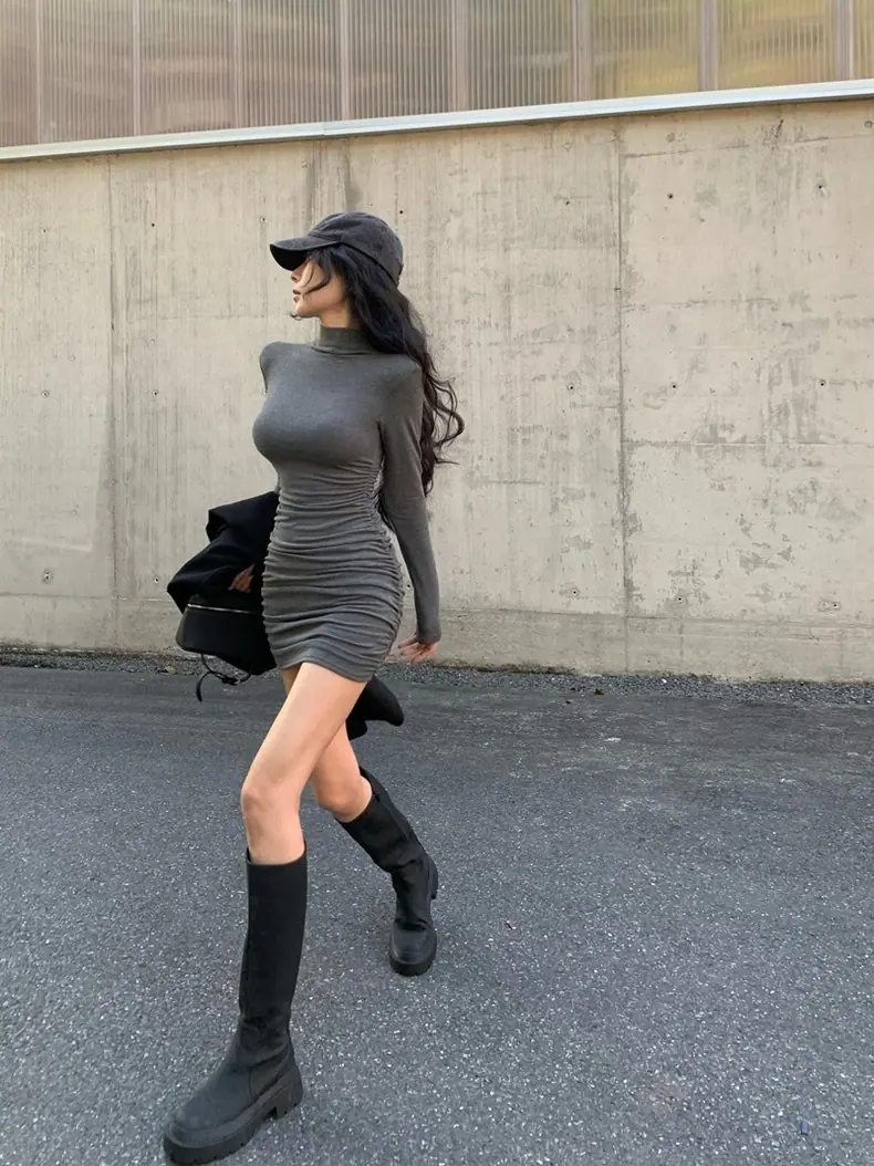 商品详情图_辣妹半高领长袖连衣裙女秋冬季修身包臀裙内搭打底裙