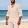 Nova Camisa de Linho Masculina de Manga Longa, Camisa Casual de Praia com Caimento Solto e Colarinho, Camisa Lisa de Manga Longa