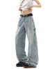 Calça Jeans Wide Leg Vintage Estilo Americano Lavada de Caimento Solto para Homem, Calça Comprida de Perna Reta Tendência Marca Levemente Flare