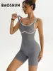 Macacão de yoga de peça única com alça canelada bicolor de alta elasticidade, roupa esportiva fitness de treinamento modeladora, modelador de corpo sem costura justo