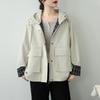 Chaqueta de trabajo informal con capucha y bolsillos grandes para mujer, de color liso, con forro a cuadros, estilo artístico, holgada, de primavera