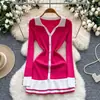 Vestido de punto bodycon retro estilo socialité francés con bloques de color, solapa, de un solo botón, corte ajustado y manga larga para mujer