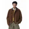 Jaqueta de couro estilo celeiro, de corte quadrado, de alta qualidade, com bolso grande e gola de couro, com fivela de avião, casaco casual solto e estiloso para trabalho masculino