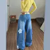 Calça jeans feminina com patch floral bordado estilo coreano, coleção de outono, voltada para exportação, estilo high-street, design longo e fluido, moderna
