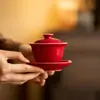 Conjunto de Chá Kung Fu Gaiwan Cerâmico de Três Peças com Esmalte de Cor Mineral Original das Dinastias Tang e Song para Uso Doméstico, Gaiwan de Parede Fina, Anti-Escaldante, Xícara de Chá de Cor Sólida