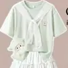 2026 Camiseta de Manga Curta Cartoon Fresca e Fofa Moda Saia com Laço Conjunto Dopamina de Duas Peças para Meninas de Verão