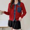 2024 Outono e Inverno Engrossado POLO Collar Top Curto Mulheres Falso Duas Peças Colarinho Jeans Feminino Costura Jaqueta Malha Aberta