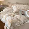 Juego de cama romántico de cuatro piezas estilo francés bordado de terciopelo de leche, engrosado, cálido, antiestático, con funda de edredón de encaje estilo coreano