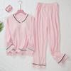 2023 Calças femininas de mangas compridas com almofada no peito finas soltas cor sólida V-neck doce home wear terno entrega por atacado