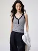 Camisola de Rayas con Cuello en V de Algodón Tencel Lyocell para Mujer, Nuevo Estilo de Verano con Botones, Top Versátil sin Mangas Color-Blocking