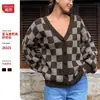 Cárdigan de Punto a Cuadros para Mujer, Abrigo Suéter Holgado de Cuello en V para Otoño e Invierno, Top de Manga Larga Versátil y a la Moda