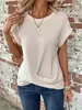Camiseta de Manga Corta de Color Sólido con Cuello en U y Nudo Waffle Primavera Verano Holgada Casual Poliéster Algodón Transfronterizo Ropa de Mujer al por Mayor