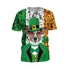 Fuente transfronteriza New Ireland St. Camiseta de cuello redondo con estampado digital de trébol de cuatro hojas y gato para el Día de San Patricio