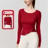 Otoño e Invierno Nuevos Ropa de Yoga con Dobladillo Fruncido Manga Larga Cuello Redondo Adelgazante Ropa Deportiva Alta Elasticidad Transpirable Salud