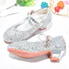 Sapatos de Princesa para Meninas Primavera e Outono Cristal Prata Sapato Infantil para Caminhar Sapatos de Couro de Salto Alto Sapatos de Festa para Apresentação de Palco para Meninas