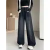 Jeans Negros para Mujer, Nuevo Estilo Otoño e Invierno, Tallas Grandes, Cintura Alta, Pantalones Rectos Holgados, Adelgazantes, Cintura Elástica, Pantalones de Pierna Ancha