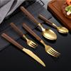 Juego de cubiertos estilo ins con mango de imitación de madera, estilo retro japonés de grano de madera, cuchillo para bistec, tenedor, cuchara, acero inoxidable, cuchillo occidental