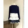 Vestido de pastel abullonado con estampado de lunares en la correa, bordes con volantes, falda de cuadros y cárdigan de manga larga para mujer, disponible en stock, color medianoche, 'sweetheart girl'