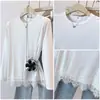 Tamanho Plus Tencel Algodão Renda Guarnição Patchwork Gola Redonda Solto Manga Longa Camada Base Outono Estilo Branco Casual Camiseta Top