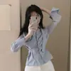 El tamaño ha sido actualizado. Chic coreano nicho cuello en V cintura de corbata versátil top camisa a rayas ropa de mujer 18013