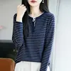 Suéter de Lã Color-blocking Gola Redonda Meio Aberto Feminino Outono Inverno Novo Amigo da Pele Versátil Slim-fit Listrado Camada Base Suéter Tendência