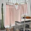 Pijama de Seda Gelada Rosa de Três Peças Novo de Verão Sem Costas Estilo Francês Simples Gola Lapela Ultra Fino Roupas de Casa Femininas