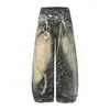 Subcultura High Street Americana Marca Tendência Design Personalizado Impressão 3D Calça Jeans Lavada de Corte Solto Wide-Leg para Homens e Mulheres