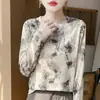 Suéter de Punto Delgado con Mangas Largas Estampado para Mujer, Ajuste Delgado, Sensación Fresca, Cuello Redondo, Estilo Chino Nuevo