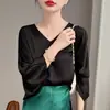 Top de Satén Suave y Fluido con Siete Mangas, Refrescante y Crujiente, de Cuello en V, Corte Básico Adelgazante, Estilo Perezoso Diario para Primavera-Verano
