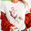 Camiseta de Manga Corta con Cuello Redondo y Estampado de Flores de Cerezo, Dos Pájaros Gorditos Lindos, Top Casual de Verano y Primavera para Mujer