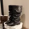 Botas de cuero de punta gruesa para mujer, con diseño consciente, elegantes, adelgazantes, moda francesa, hebilla, sexys, hermosas, hasta la rodilla