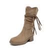 Botas Cowboy Ocidentais Trançadas com Franjas Estilo Deserto Outono 2026 Novas Botas Curtas Emagrecedoras de Salto Grosso Nicho para Mulheres