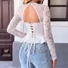 Comércio exterior estilo europeu e americano top de renda com cadarço, top sexy hot girl sem alças de osso de peixe customizado transparente de manga longa para mulheres