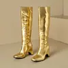 Novas Botas Europeias e Americanas Femininas Botas de Salto Grosso Botas Altas Botas de Cavaleiro Douradas Prateadas Tamanho Grande Desejo Botas de Exportação