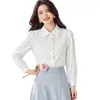 Camisa feminina branca de manga bufante e manga comprida, novo estilo outono, top doce retrô, camisa de manga lanterna respirável e elástica