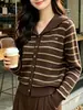 Cardigan com gola marinha feminino outono e inverno novo estilo universitário lapela cor contrastante casual temperamento listrado malha manga longa cardigan feminino