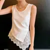 Camisola Fresca de Algodón y Seda para Mujer, Nuevo Estilo de Verano, Tallas Grandes, Cintura Fruncida, Top con Dobladillo Irregular de Encaje